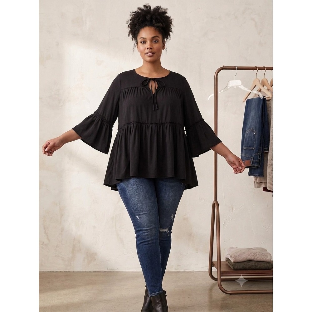 NEW Laurie Felt Boho Knit Top Keyhole Neck Tiered Bell Sleeves Black Size 1X